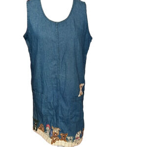 🐶Vintage 1990s denim dog print mini pinafore jumper dress size M💙cotton denim